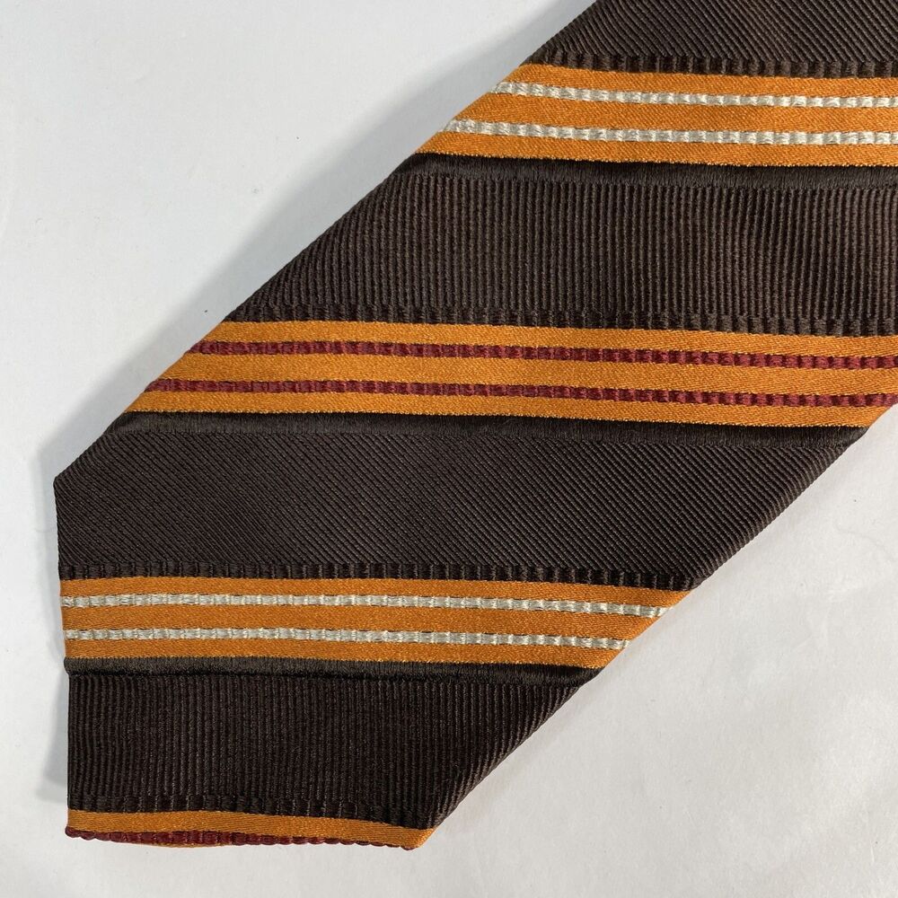 Vintage Men’s Kuhlman Silk Necktie Brown Orange Striped Made In Italy 3.75”x60”